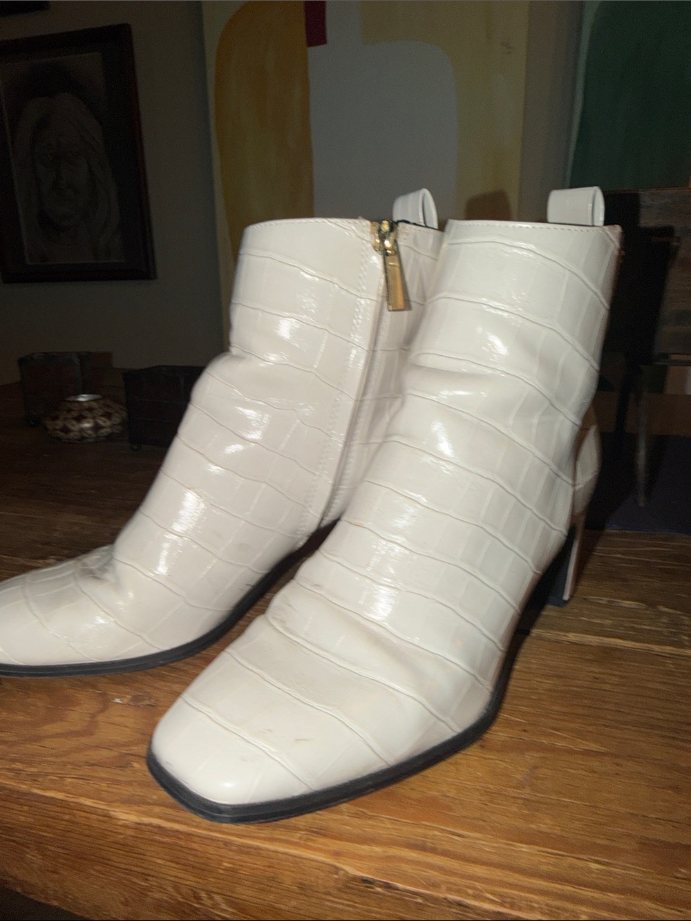 Women’s White Cream Croc-Embossed Block Heel Ankle Boots CALVIN KLEIN - Picture 2 of 9